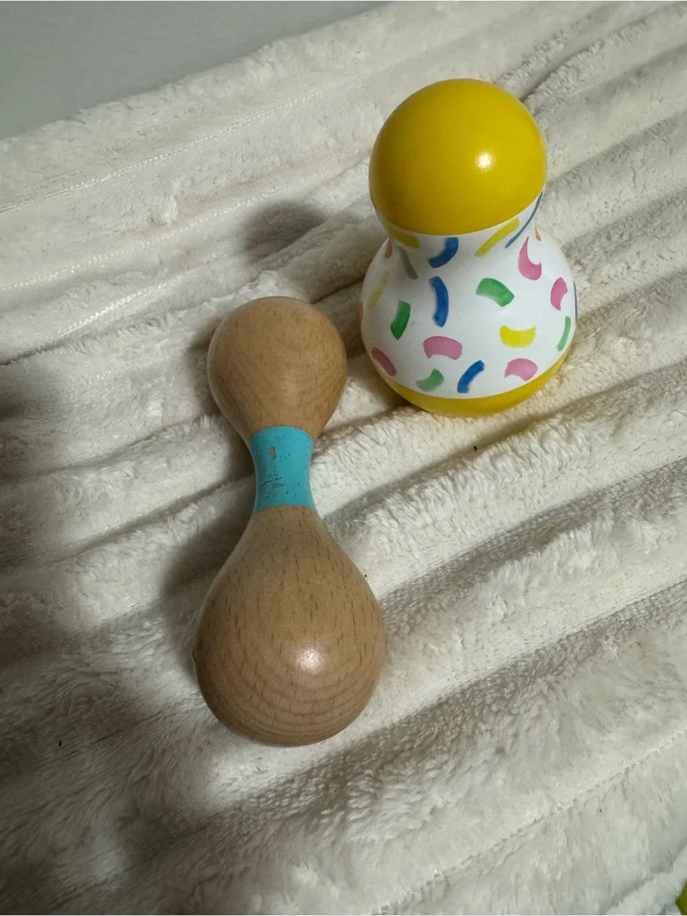 Wooden Rattle Set with Yellow Patterned wobbler for tummy time -LOVE EVERY
